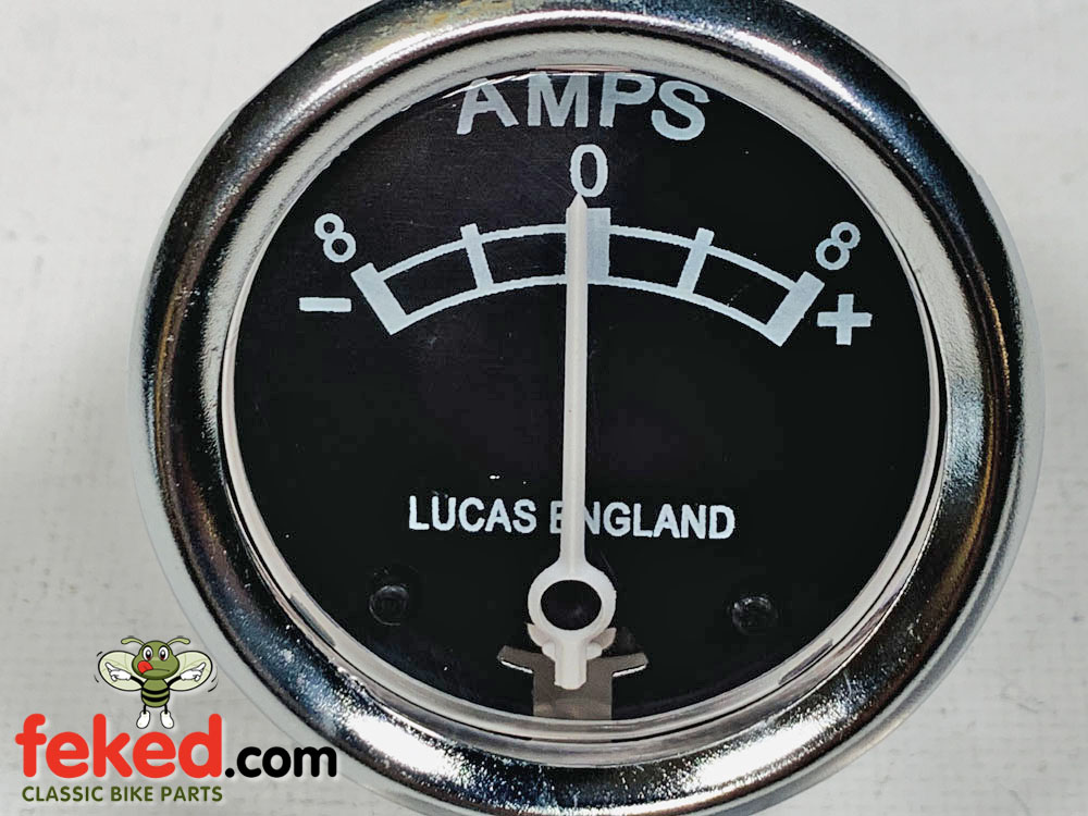 8amp Made in England 8-0-8 AMMETER 1¾" Diameter Black Dial with Chrome Bezel 