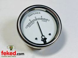 Motorcycle Ammeter 12-0-12 White Dial 2"