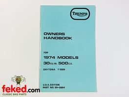 Triumph Daytona 500cc T100R (1974) USA Owners Instruction Manual HandbookTriumph Daytona 500cc T100R 1974 USA modelsQuite a comprehensive manual showing how to look after and maintain your bike.OEM: 99-0994