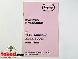Triumph Daytona 500cc T100R (1974) UK Owners Instruction Manual HandbookTriumph Daytona 500cc T100R 1974 UK modelsQuite a comprehensive manual showing how to look after and maintain your bike.OEM: 99-0995