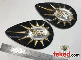 40-8122, 40-8123 - BSA Black / Gold Pear Shape Tank Badges - Various Singles and Twins - Circa 1958-67