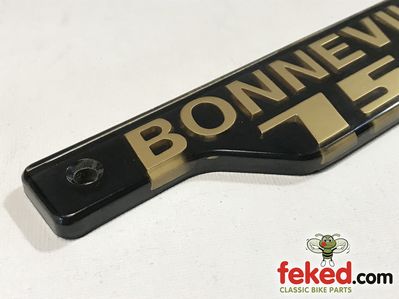 83-7317, F17317 - Triumph Bonneville Side Panel Name Plate / Badge - Black and Gold - T140 Models From 1979 Onwards