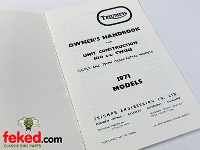 Triumph Daytona 500cc T100R, Trophy T100C (1971) Owners Instruction Manual HandbookTriumph Daytona 500cc T100R, Trophy T100C 1971 modelsQuite a comprehensive manual showing how to look after and maintain your bike.OEM: 99-0926