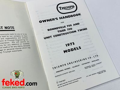 Triumph Bonneville, Tiger 750 (1973) UK Owners Instruction Manual HandbookTriumph Bonneville, Tiger 750 1973 UK modelsQuite a comprehensive manual showing how to look after and maintain your bike.OEM: 99-0989