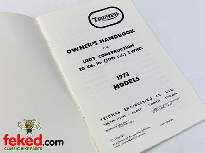 Triumph Daytona T100R (1973) USA Owners Instruction Manual HandbookTriumph Daytona T100R 1973 USA modelsQuite a comprehensive manual showing how to look after and maintain your bike.OEM: 99-0978