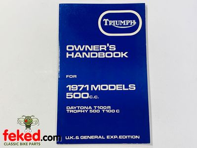 Triumph Daytona 500cc T100R, Trophy T100C (1971) Owners Instruction Manual HandbookTriumph Daytona 500cc T100R, Trophy T100C 1971 modelsQuite a comprehensive manual showing how to look after and maintain your bike.OEM: 99-0926