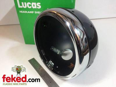58395, 59965, MCH66 - Genuine Lucas 5+3/4" Headlamp Shell & Rim - Black and Chrome - 1 Wiring Hole