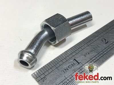 82-3353, 82-3337, 82-3182 - Fuel Pipe / Oil Tank Feed - Large Bore Spigot - 25° Obtuse Elbow Type With 1/4" BSP Gas Nut